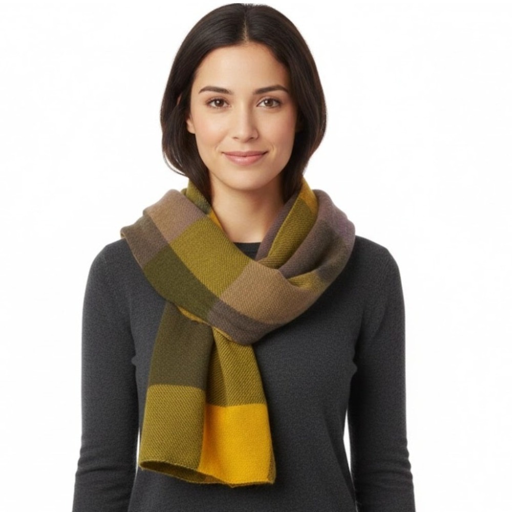French Chunky Plaid Scarf Mustard Brown‎ Purple 26x75 Cozy 100% wool/cashmere